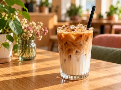 Iced latte in een transparant glas